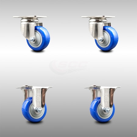 Service Caster 3.5 Inch 316SS Blue Polyurethane Wheel Swivel Top Plate Caster Rigid SCC, 2PK SCC-SS31620S3514-PPUB-BLUE-2-R-2